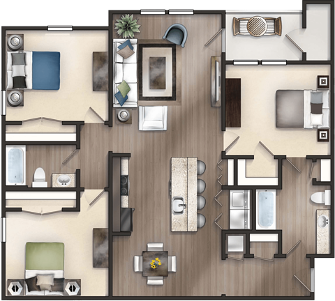 Floor plan for 3 beds, 2 baths, 1290 sqft